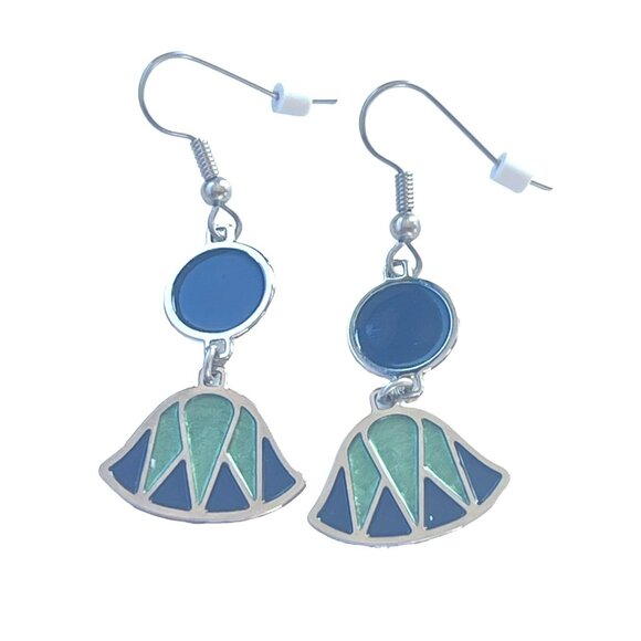 Art Deco Inspired Enamel Drop Earrings Green and Navy Blue Geometric Design for - Picture 2 of 5